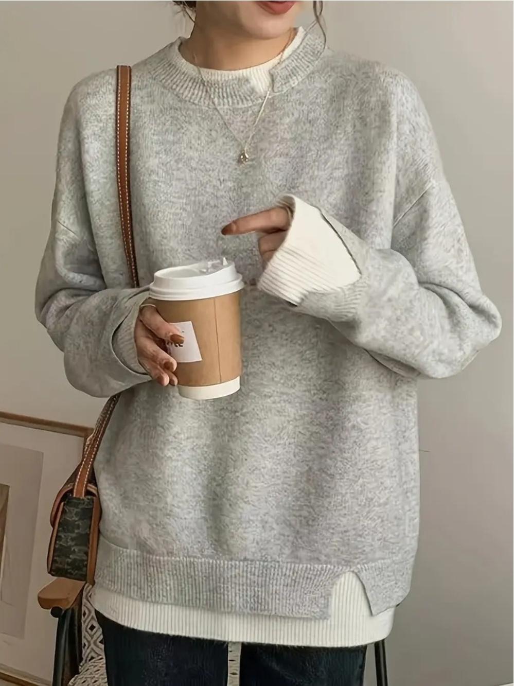 Women's Gray White Knit Ribbed Crew Neck Pullover Sweater Long Sleeve M
